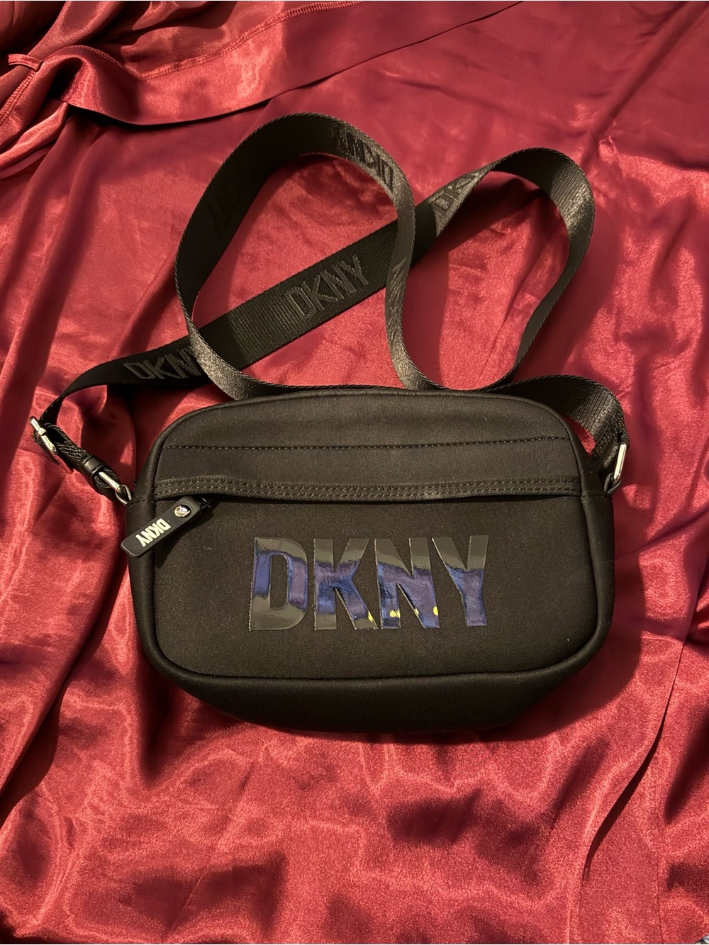 DKNY Black Neoprene Crossbody Camera Bag Logo Webbing Strap Sporty Purse